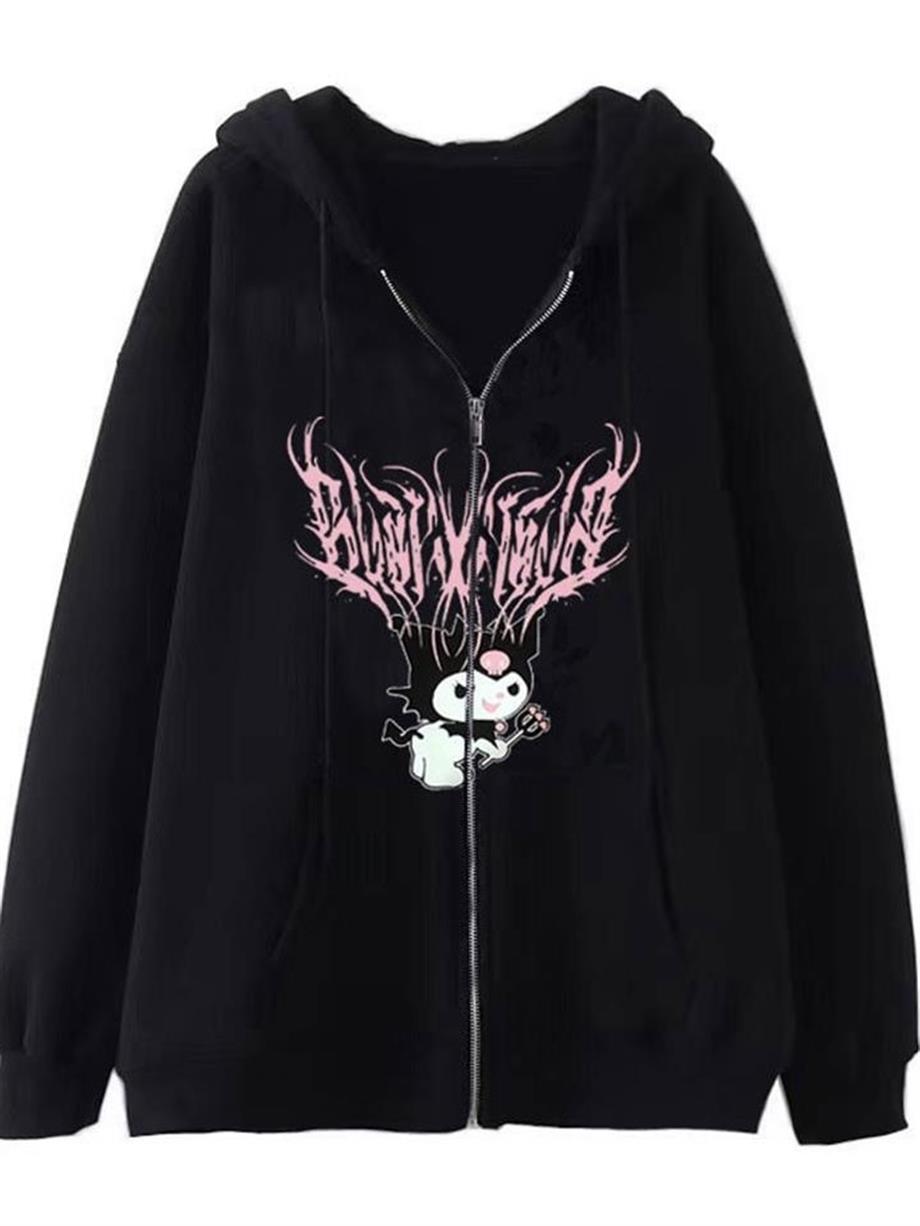 Kuromi Pink Baskılı Oversize Fermuarlı Siyah Unisex Kapüşonlu Hırka