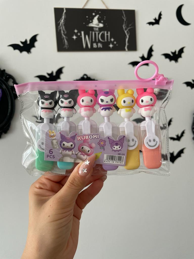 Kuromi Şeffaf Çantalı 6lı İşaretleme Kalem Seti