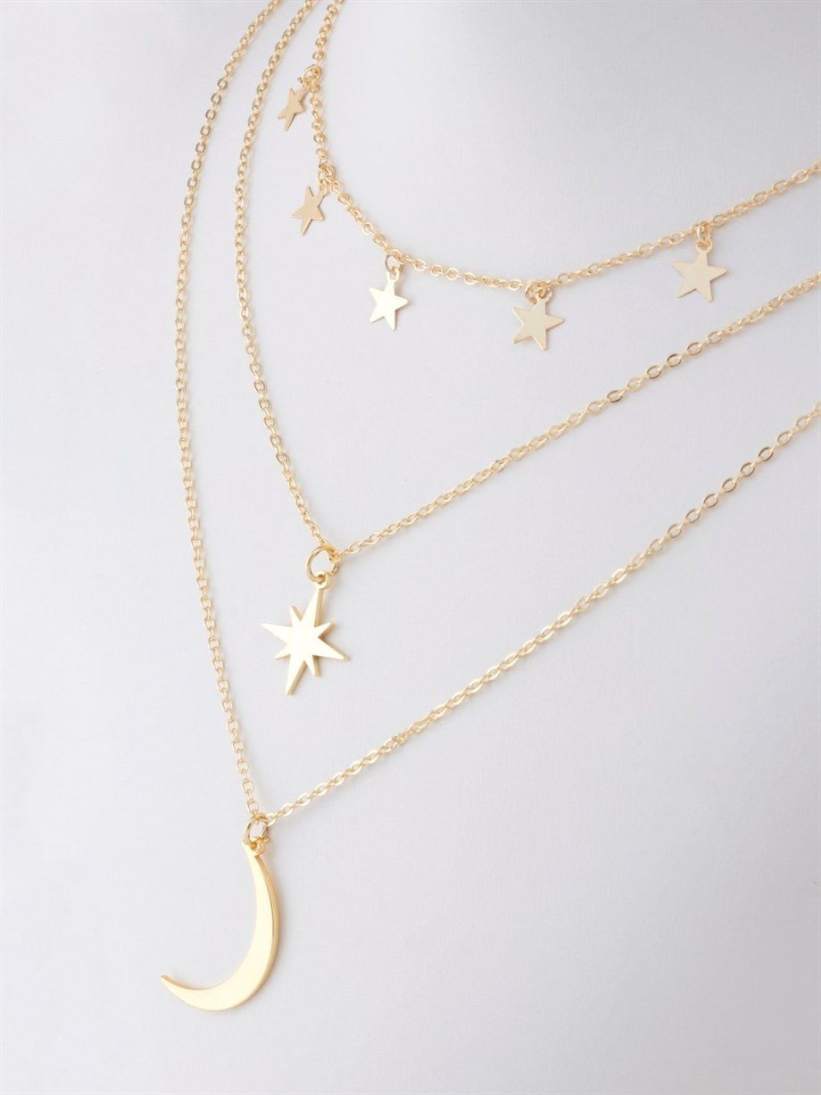 Kutup Yıldızı Ve Hilal Figürlü Çok Katmanlı Kombin Kolye