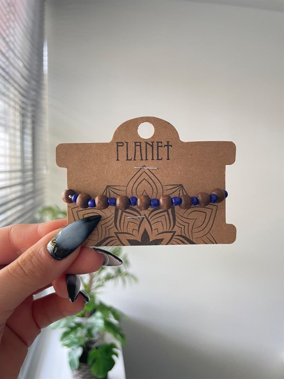 Lacivert Boncuk Detaylı Ahşap Unisex Otantik Bileklik