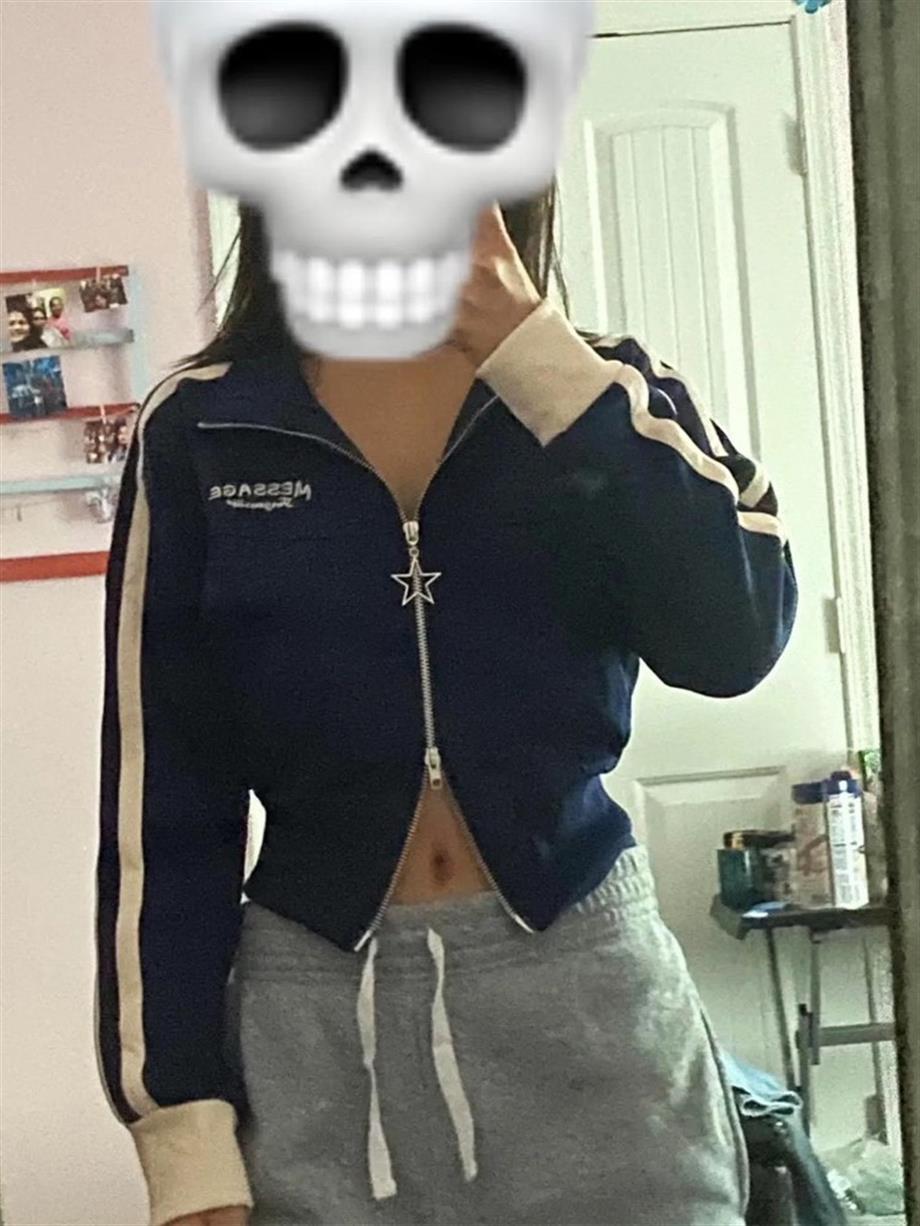 Lacivert Message Beyaz Şeritli Yıldız Fermuarlı Crop Hırka