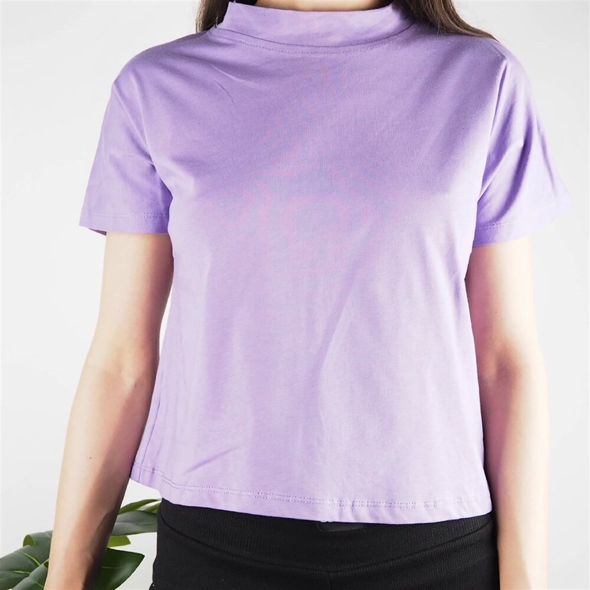 Lila Dik Yaka Crop T-shirt