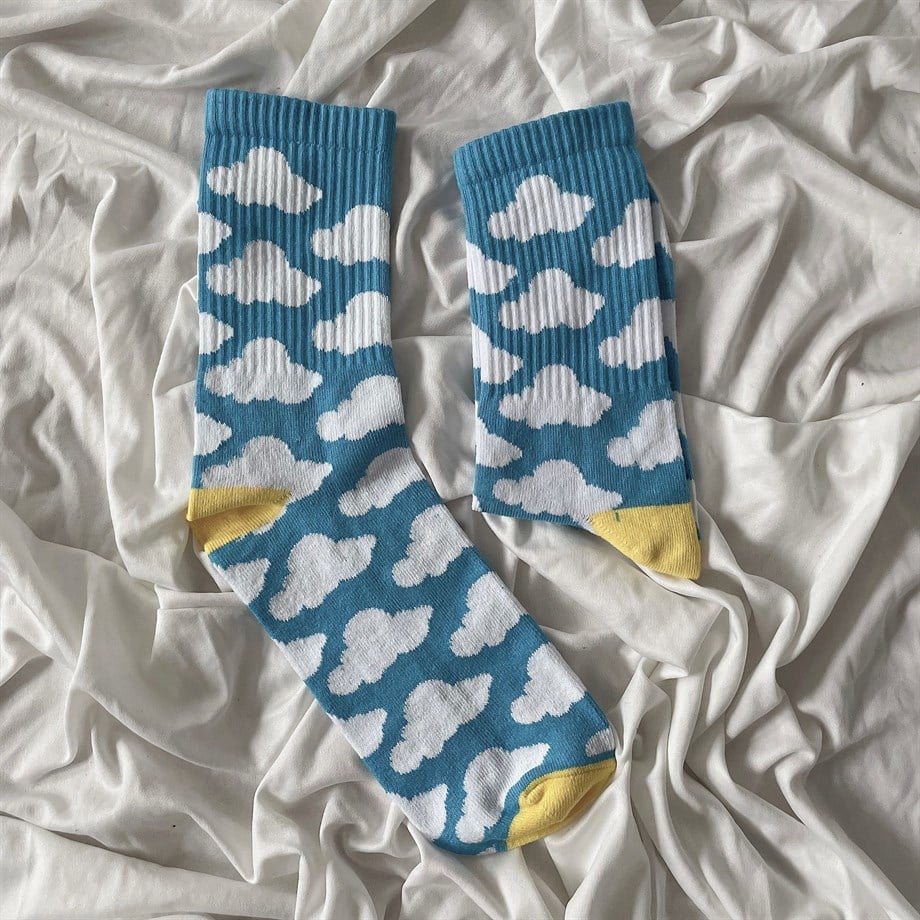 Mavi Bulut Sarı Detaylı Çorap