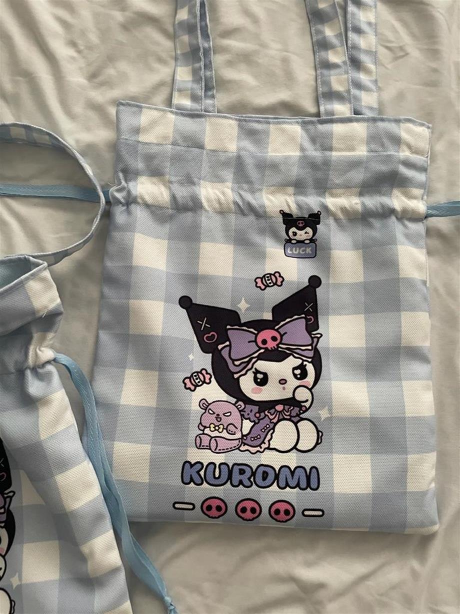 Mavi Damalı Kawaii Büzgülü Bez Çanta