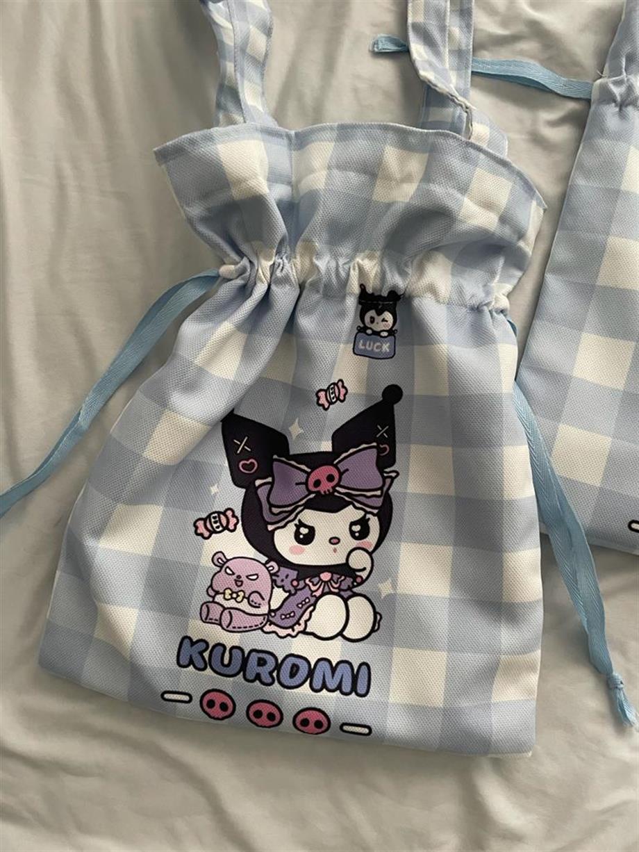 Mavi Damalı Kawaii Büzgülü Bez Çanta