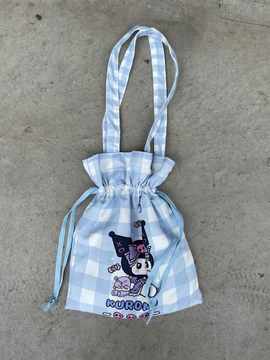 Mavi Damalı Kawaii Büzgülü Bez Çanta