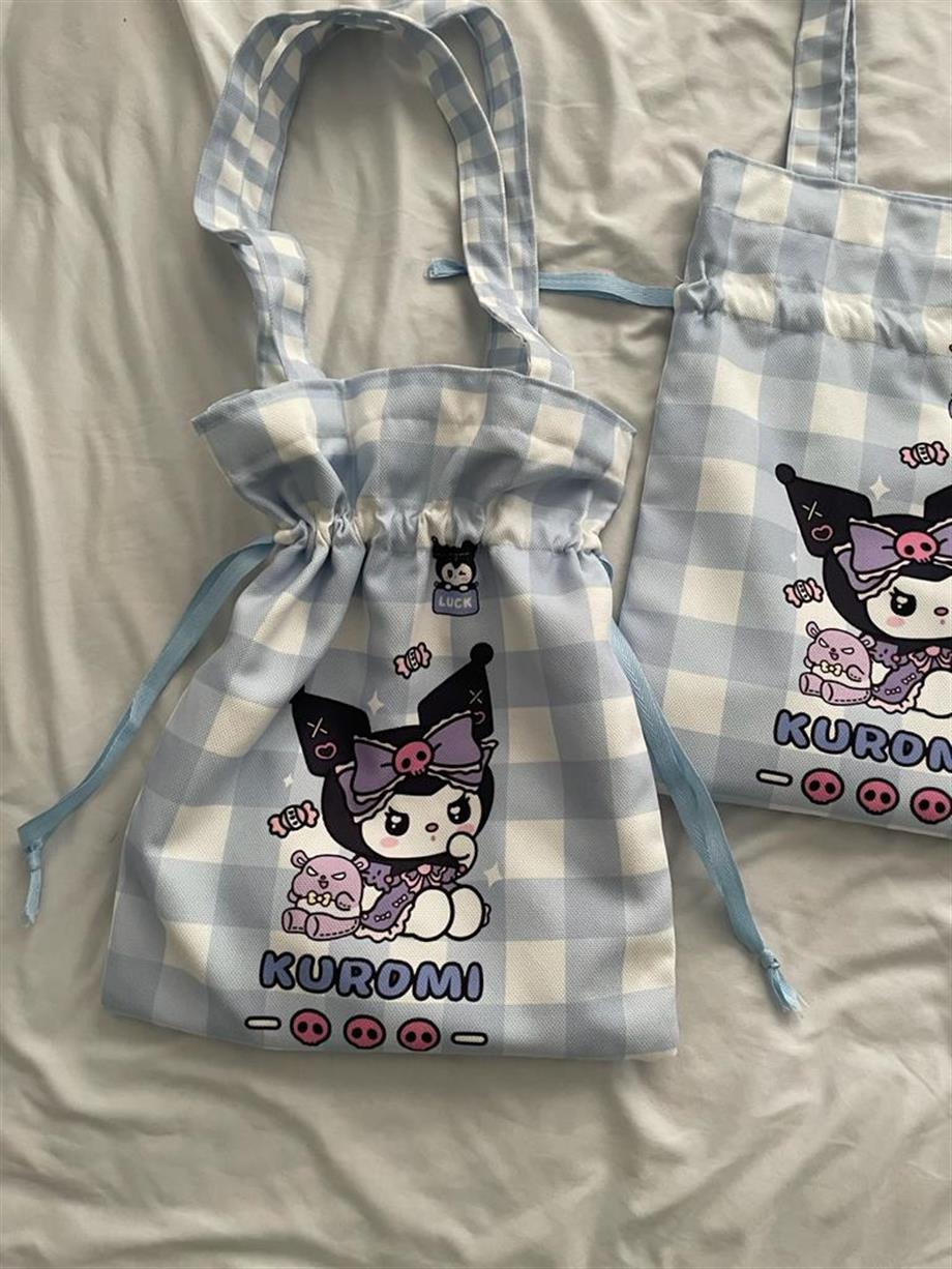 Mavi Damalı Kawaii Büzgülü Bez Çanta