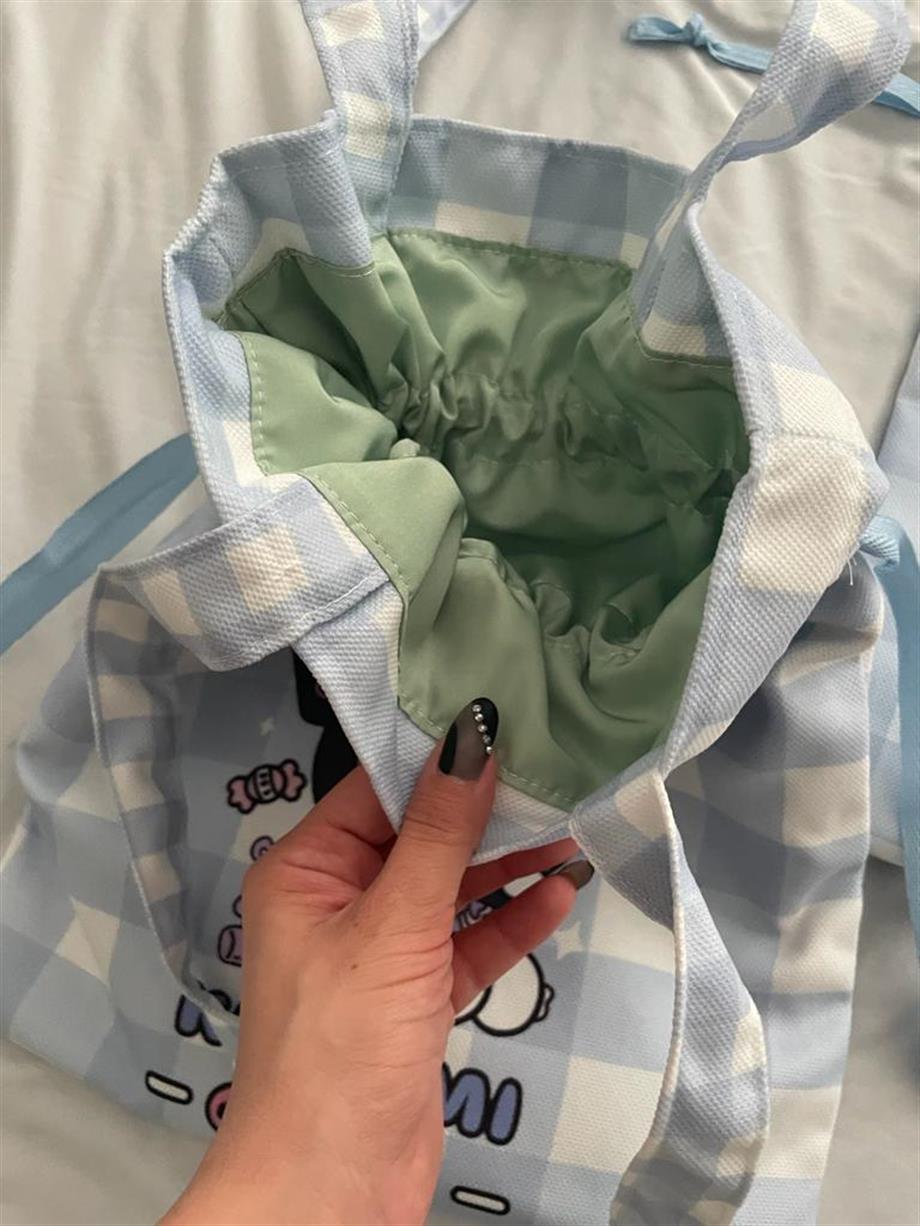 Mavi Damalı Kawaii Büzgülü Bez Çanta