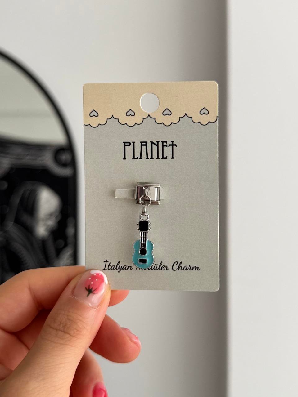 Mavi Gitar Sallantılı Kartlı İtalyan Charm