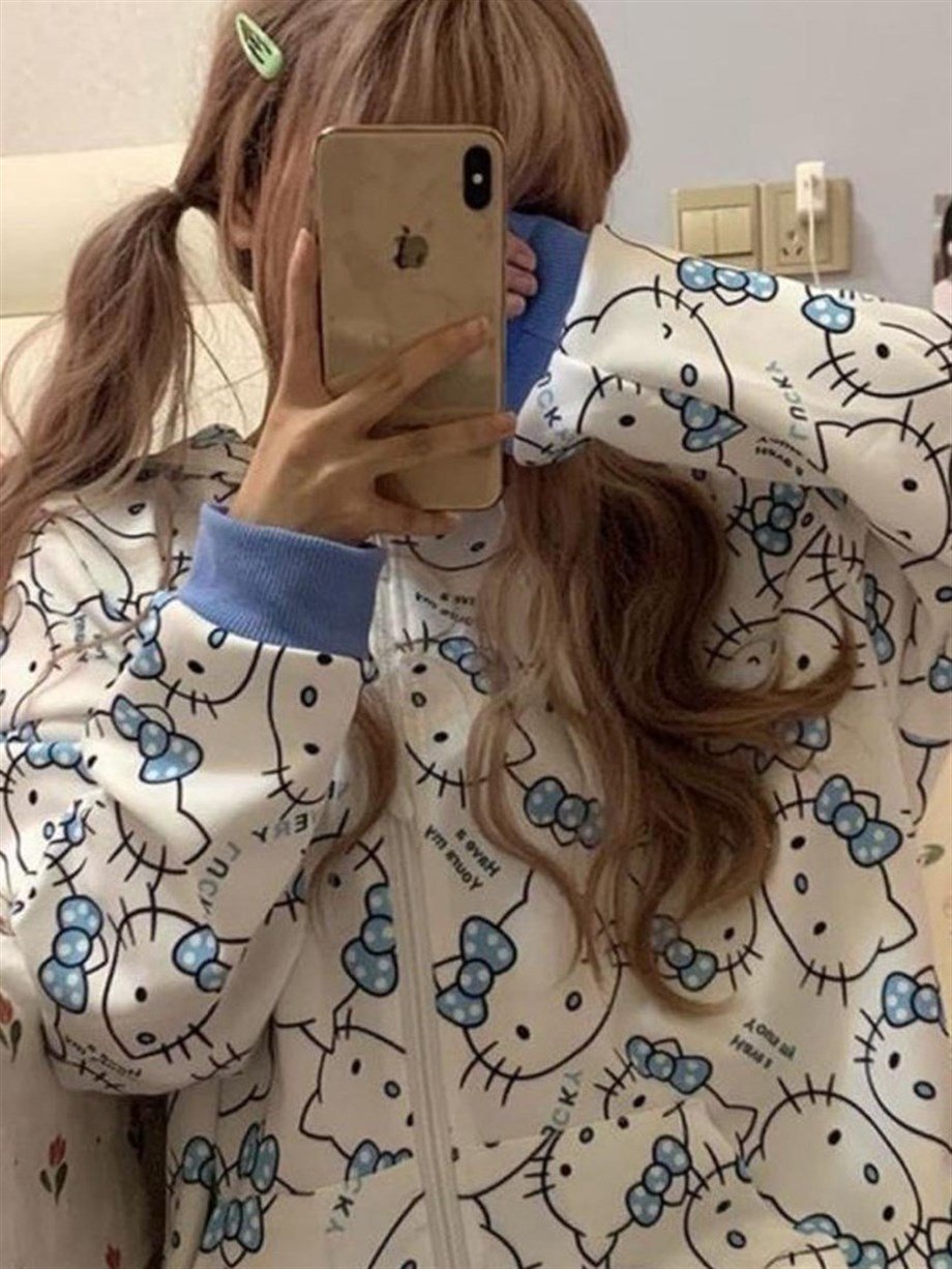 Mavi Hello Kitty Unisex Fermuarlı Sweatshirt