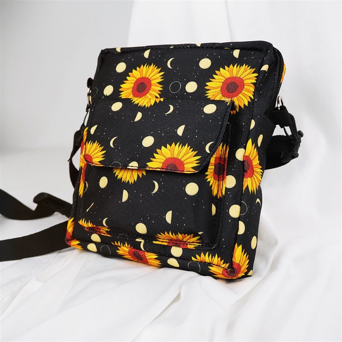 Moon Phases and Sunflower Crossbody Çanta / Cırtlı