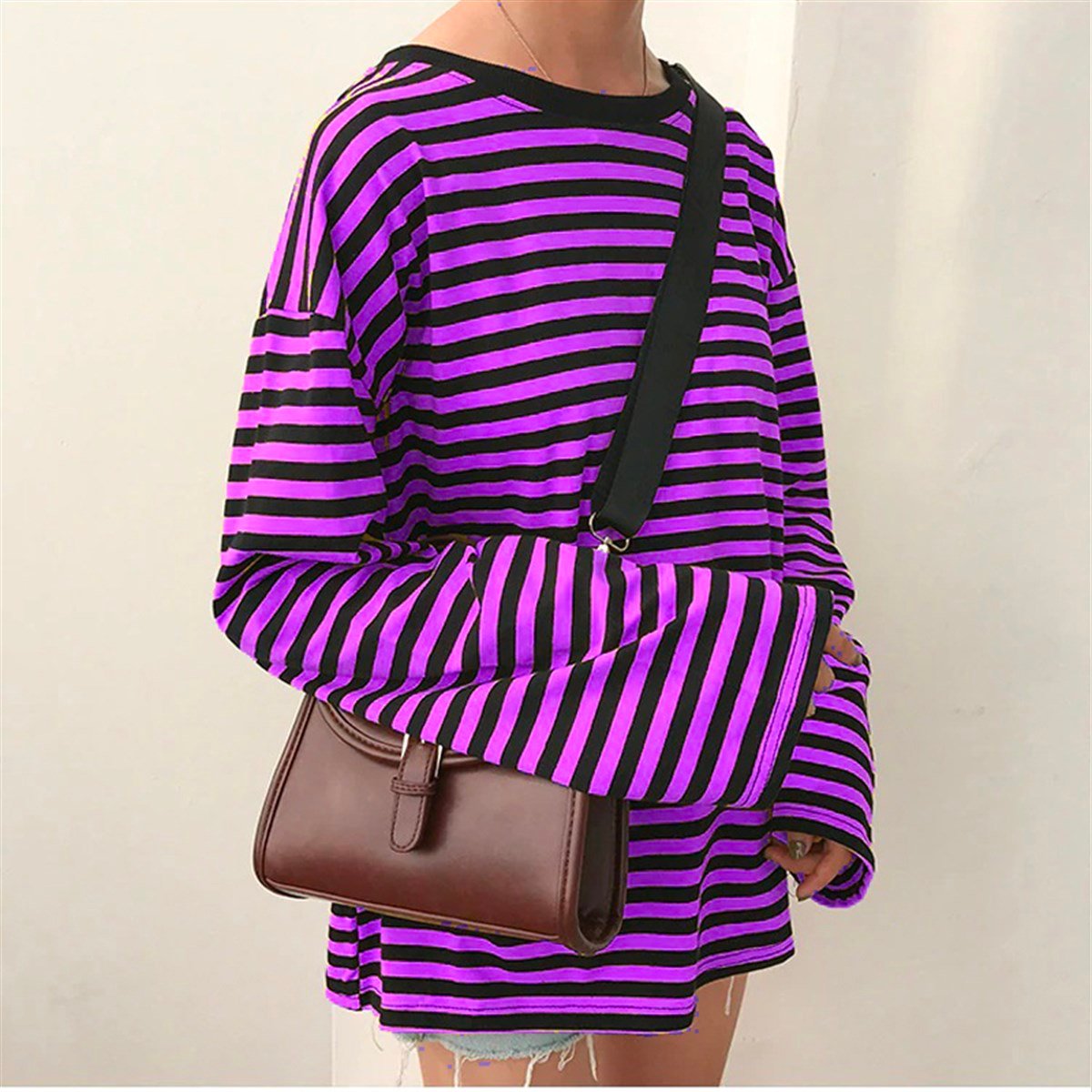 Mor-Siyah Çizgili Oversize (Unisex) Uzun Kollu