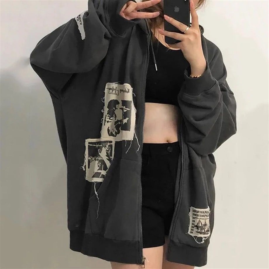 Old Punk Days Siyah Unisex Fermuarlı Kapşonlu Sweatshirt