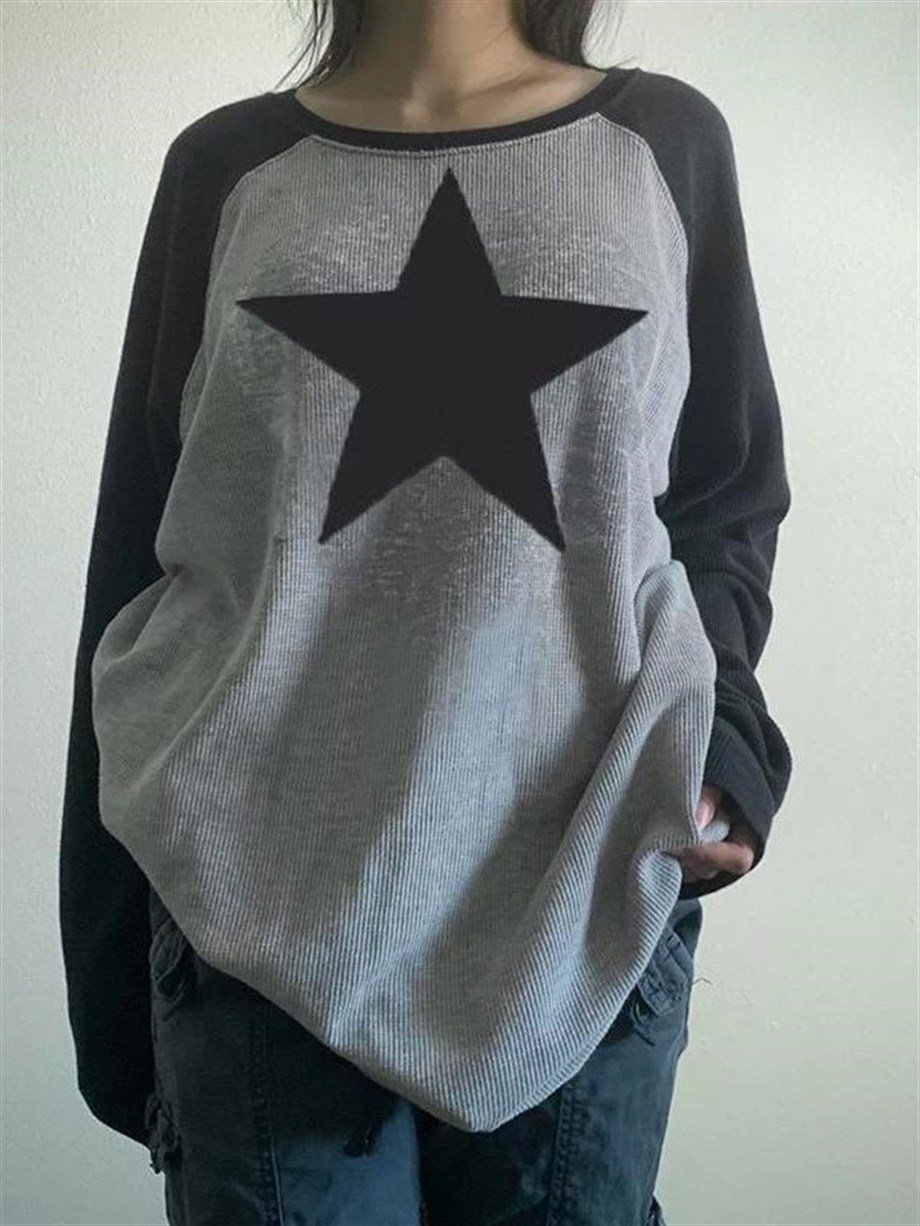 Old School Yıldız Baskılı Gri Raglan Oversize (Unisex) Uzun Kollu
