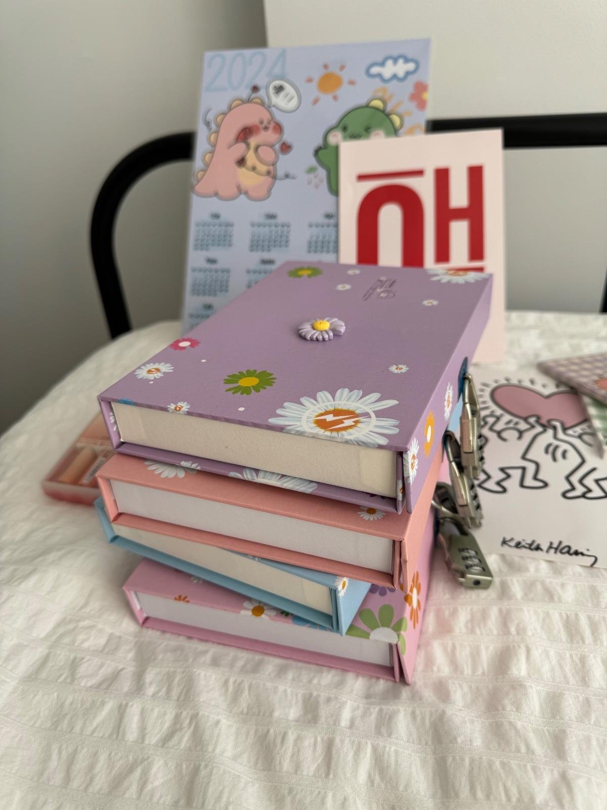 Papatya Tasarımlı Kilitli Günlük Defter Pembe