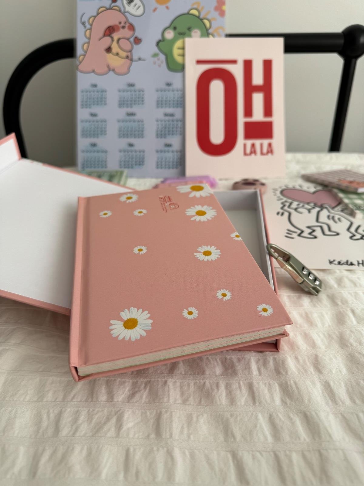 Papatya Tasarımlı Kilitli Günlük Defter Pudra Pembe