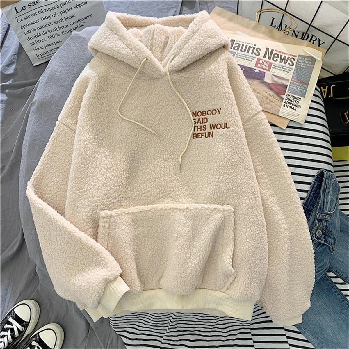 Peluş Hoodie Krem Rengi