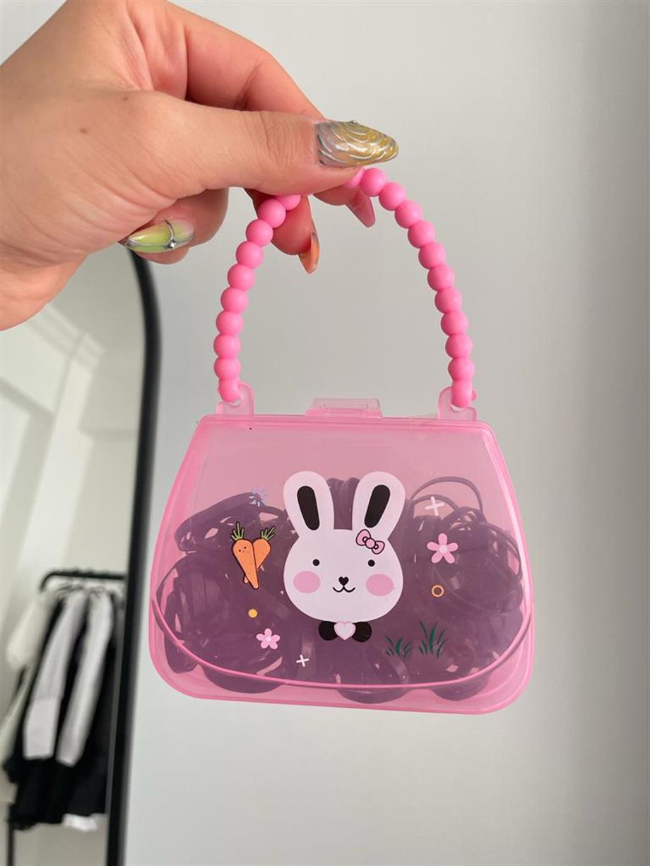 Pembe Çantalı Siyah Perma Lastik Toka Seti