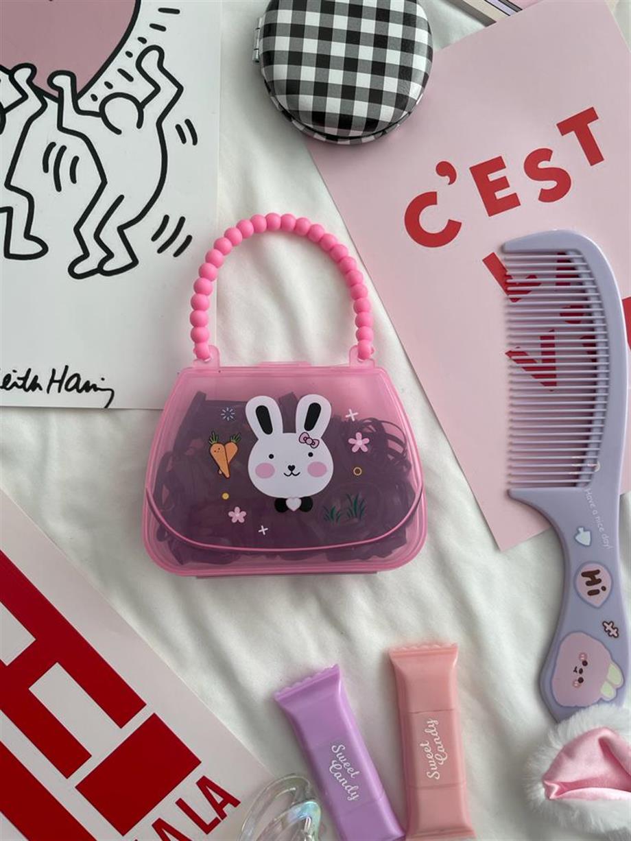 Pembe Çantalı Siyah Perma Lastik Toka Seti