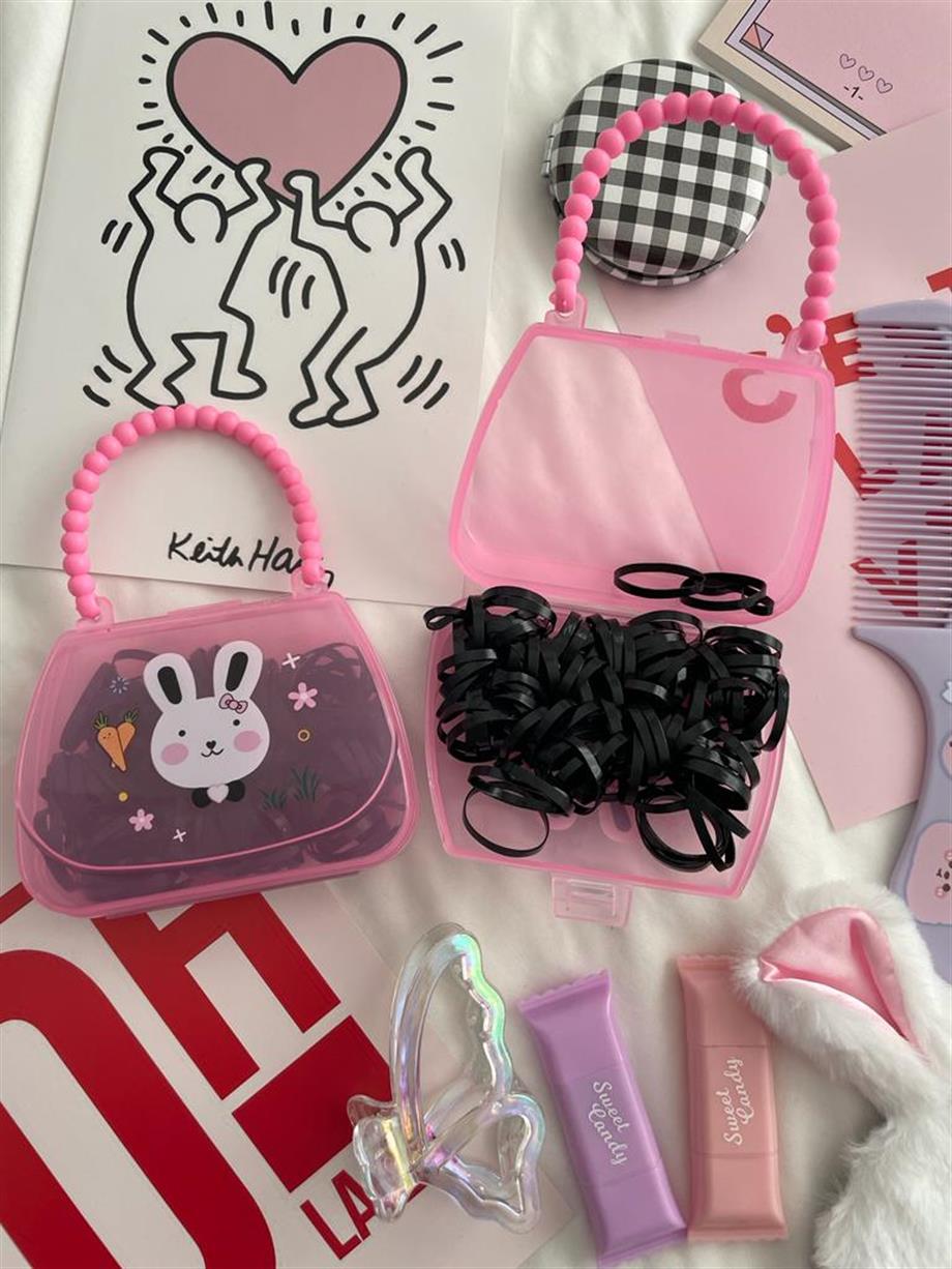 Pembe Çantalı Siyah Perma Lastik Toka Seti