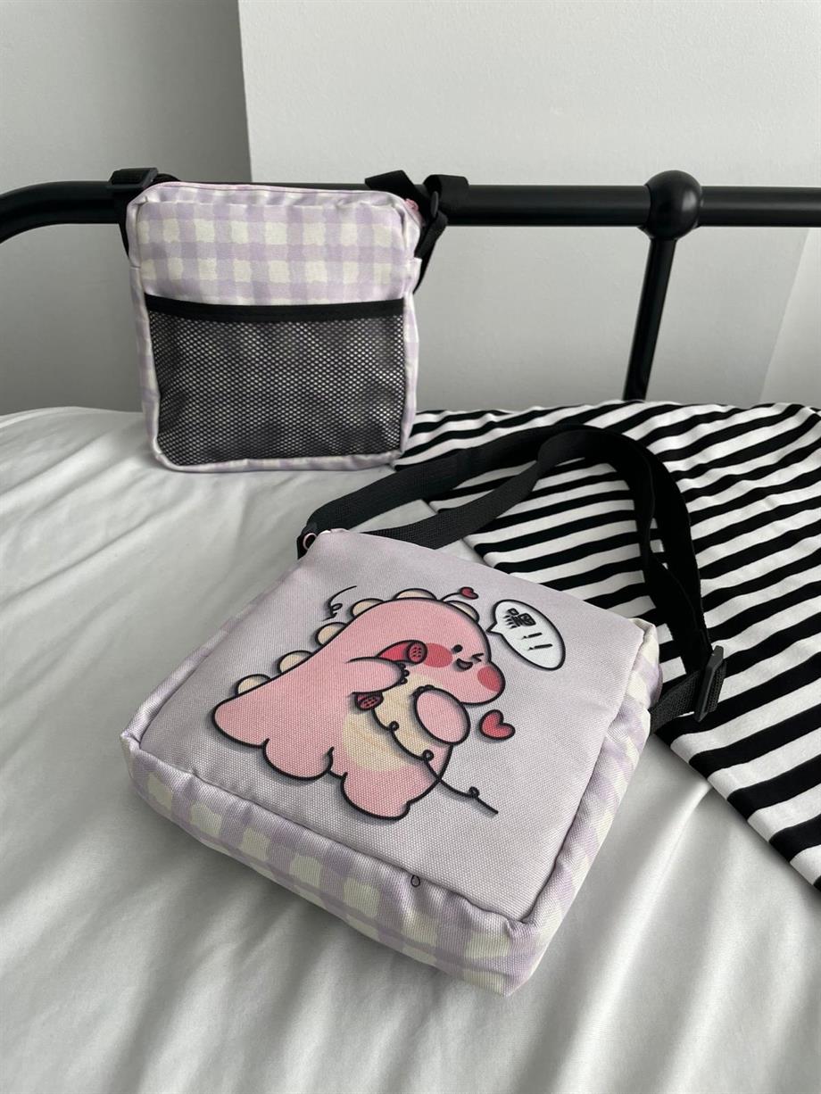 Pembe Dinozor Lila Fileli Crossbody Çanta