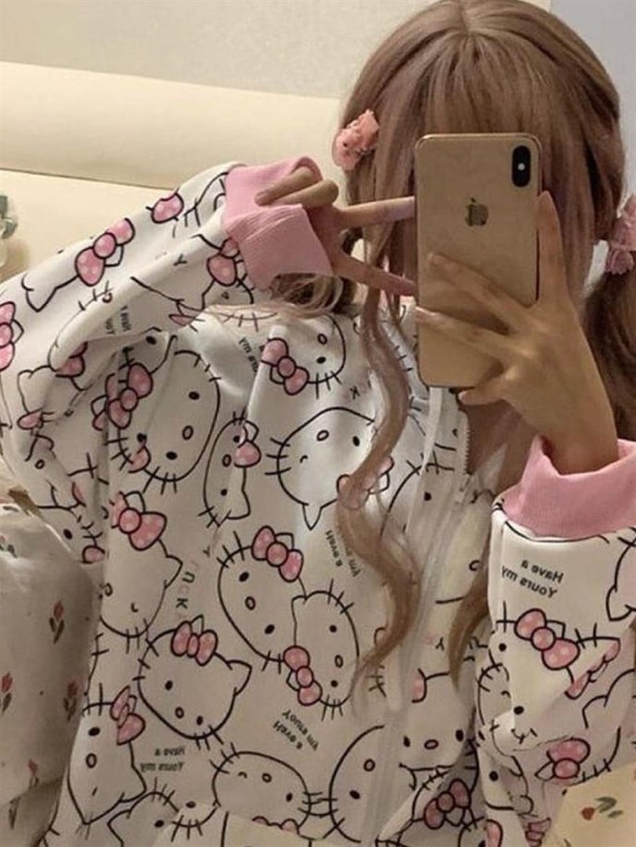 Pembe Hello Kitty Unisex Fermuarlı Sweatshirt