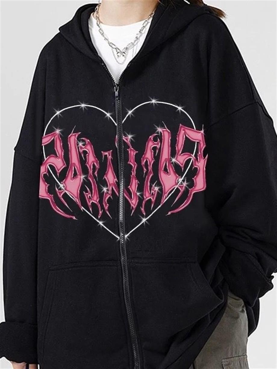 Pink Heart with Black Spikes Oversize Fermuarlı Siyah Unisex Kapüşonlu Hırka