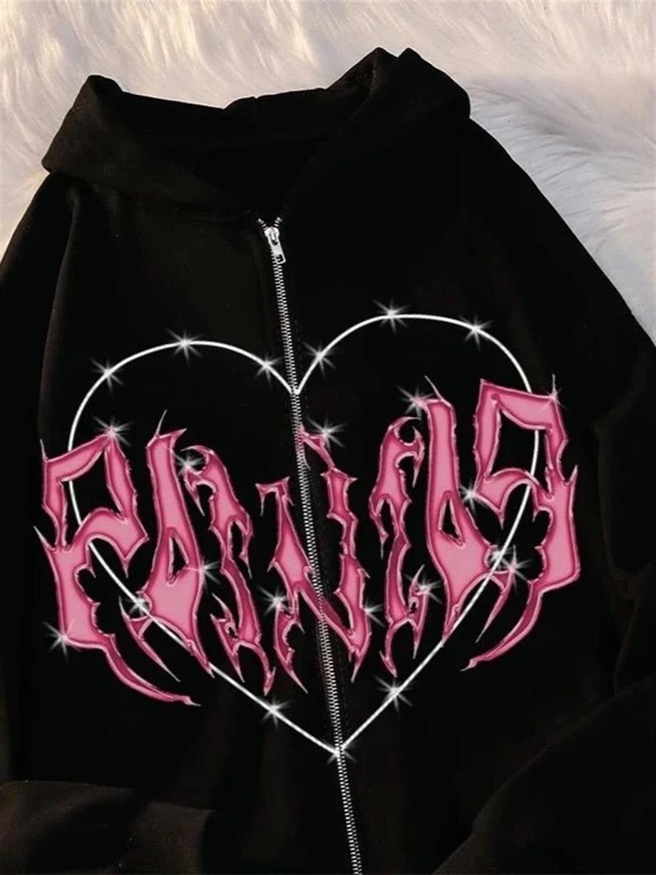 Pink Heart with Black Spikes Oversize Fermuarlı Siyah Unisex Kapüşonlu Hırka