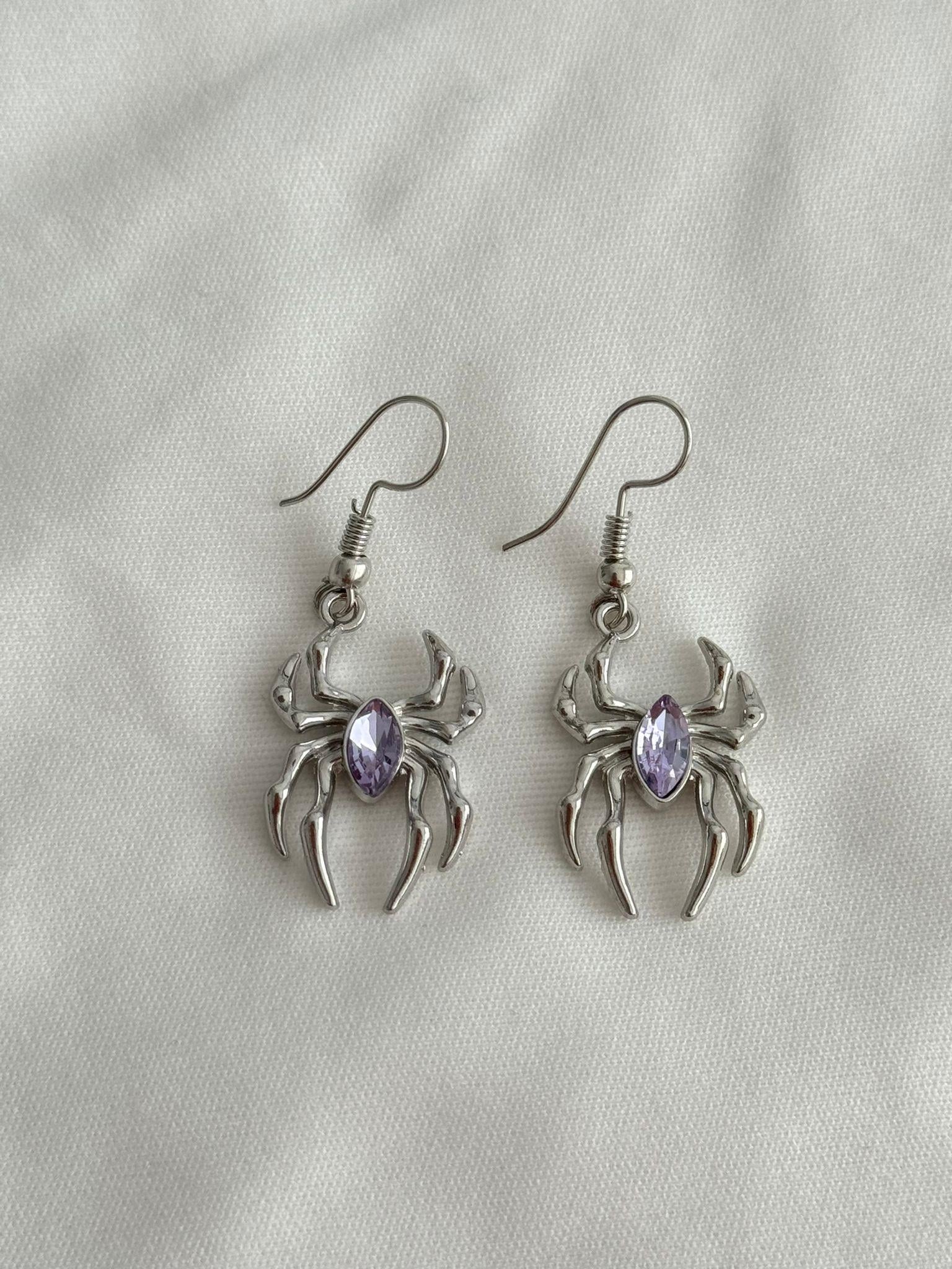 Purple Dark Stone Spider İthal Küpe