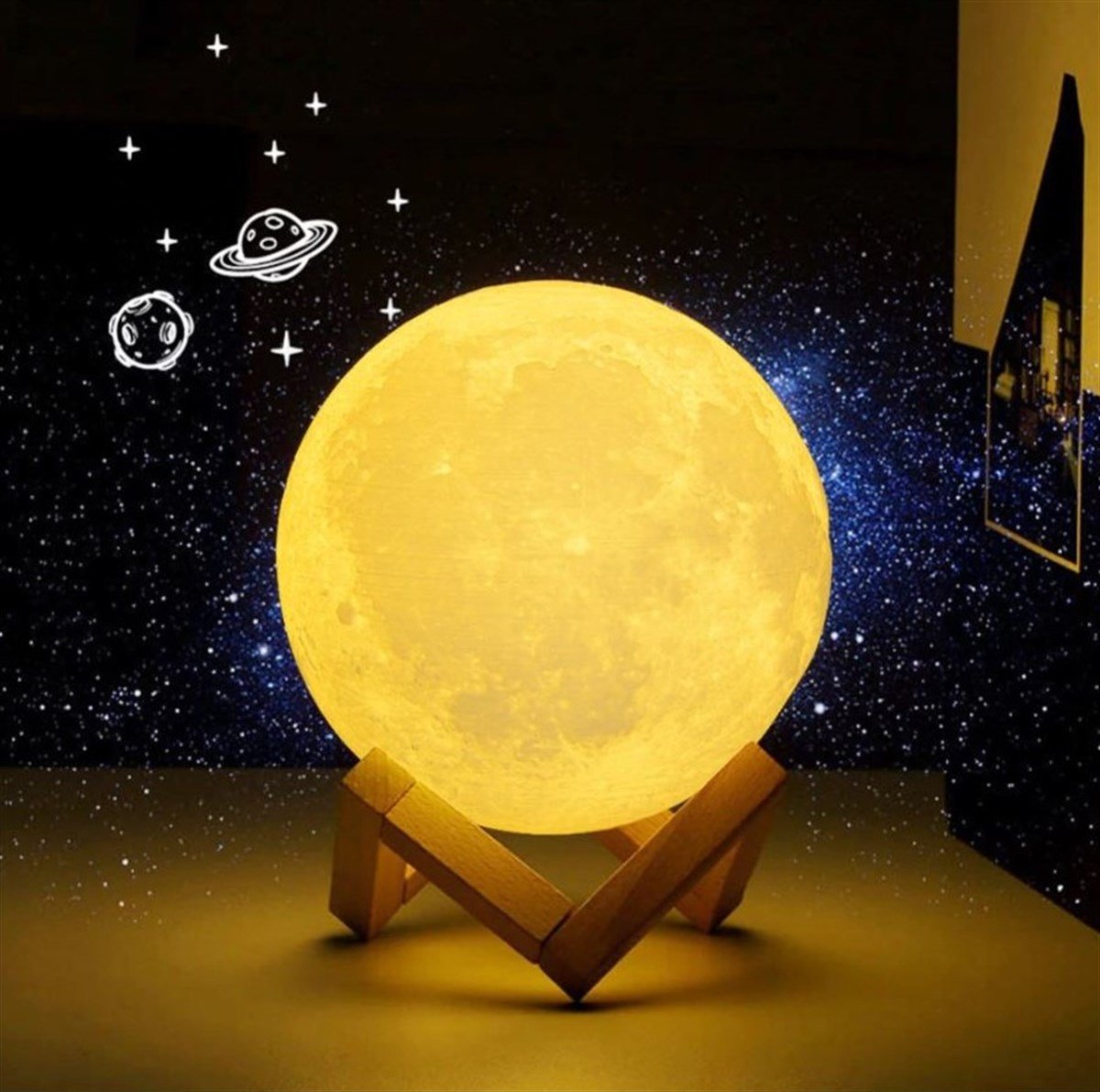 Renk Değiştiren Moon Gece Lambası I Ahşap Standlı