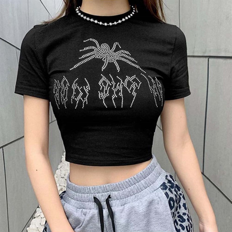 Rhinestone Spider Crop T-shirt