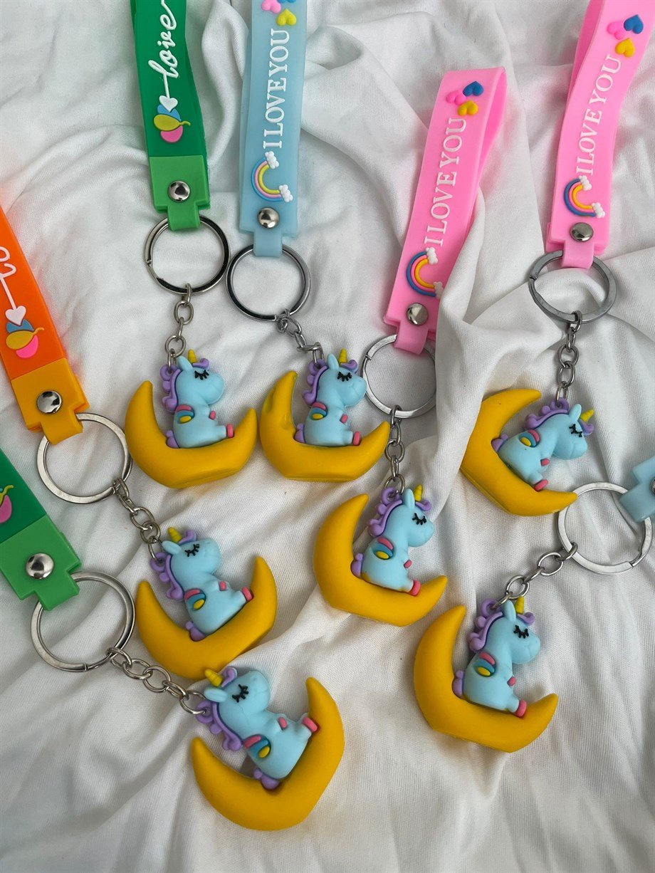 Sarı Ay Üzerinde Unicorn Silikon Anahtarlık