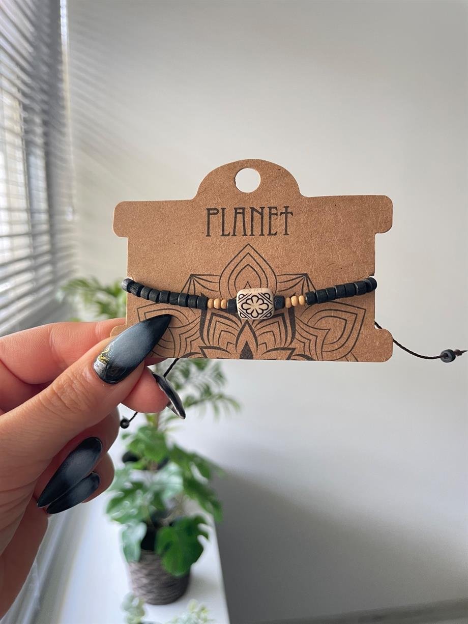 Seramik Detaylı Siyah Ahşap Unisex Otantik Bileklik