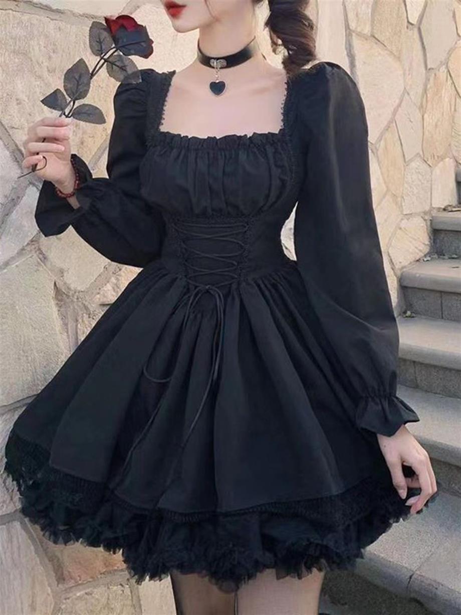 Siyah Balon Kol Gothic Dantel Detaylı Elbise
