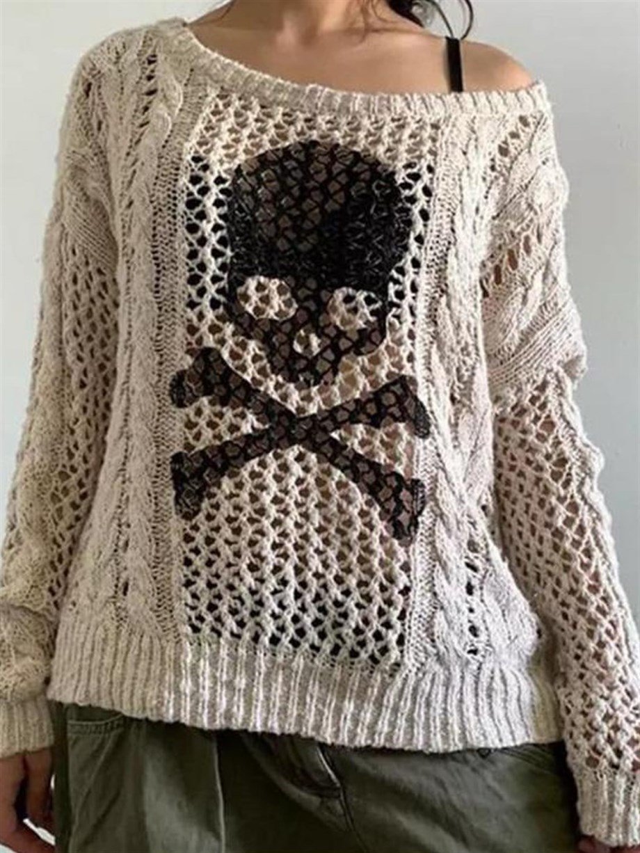 Siyah Kuru Kafa Detaylı Örgü Oversize File Kazak