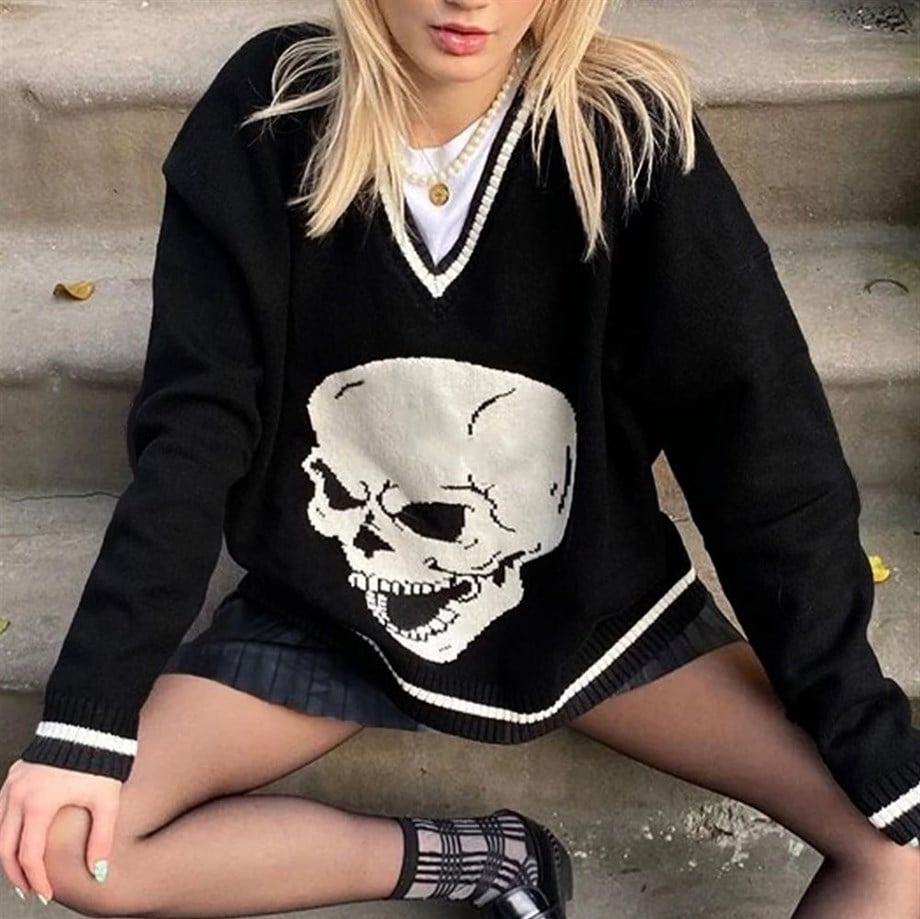 Siyah Skull Triko Oversize Kazak
