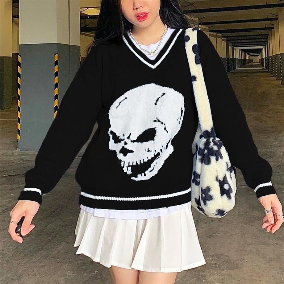 Siyah Skull Triko Oversize Kazak
