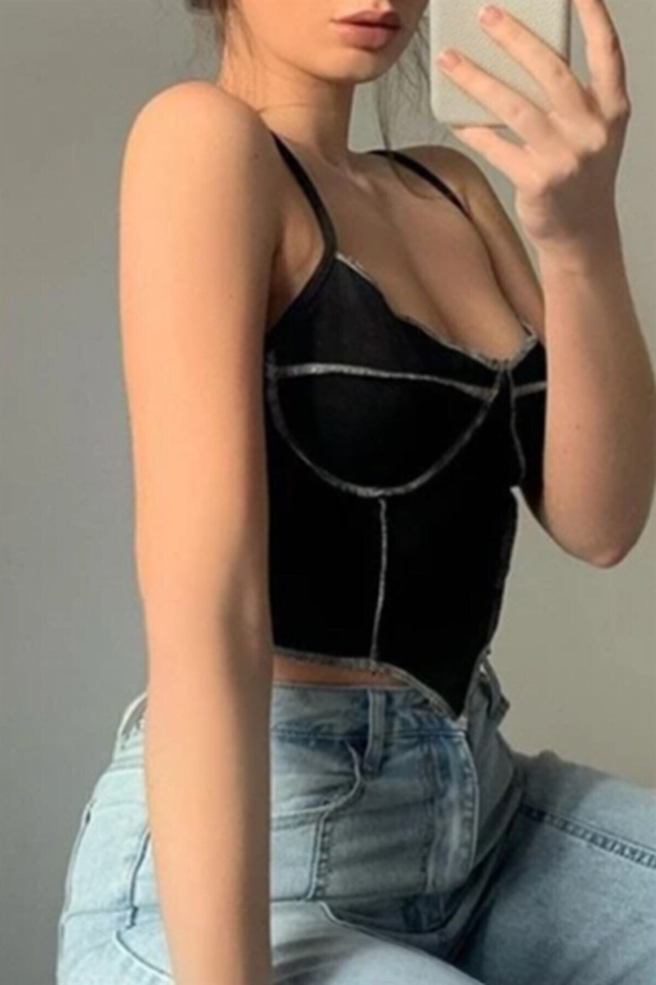 Siyah Ters Dikiş Crop