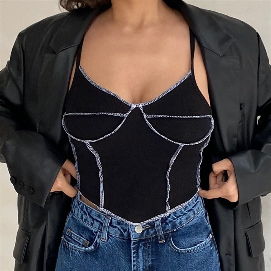 Siyah Ters Dikiş Crop