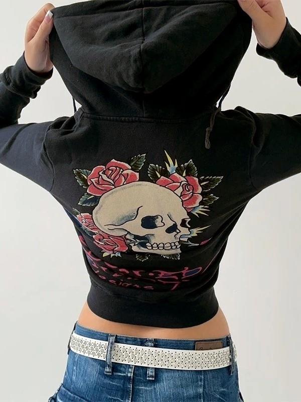 Siyah Vintage Skull Fermuarlı Kapüşonlu Crop