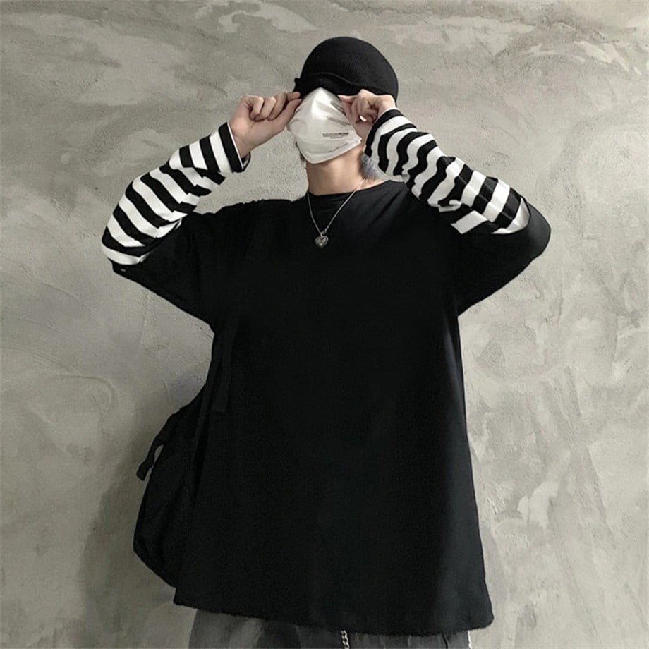 Siyaz (Unisex) Siyah Beyaz Çizgili Kollu T-shirt