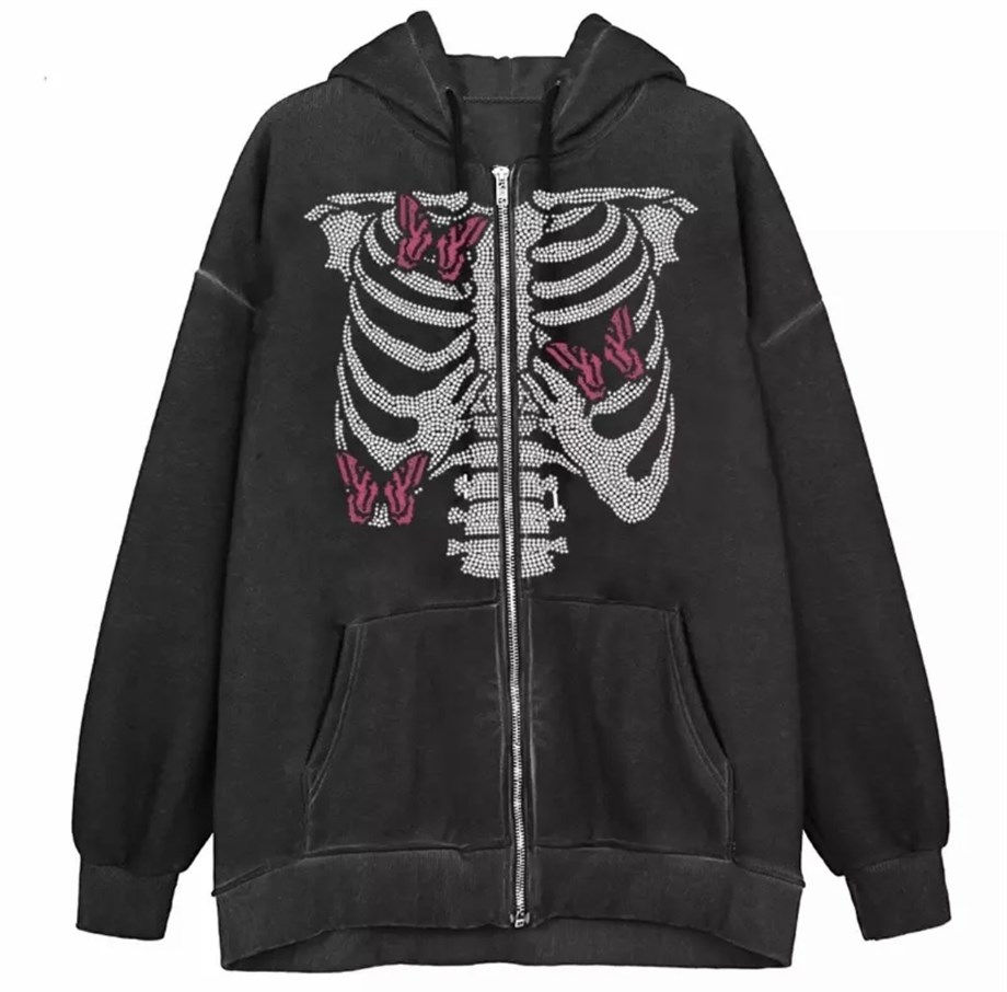 Skelton Butterfly Taşlı (Unisex) Fermuarlı Kapşonlu Sweatshirt