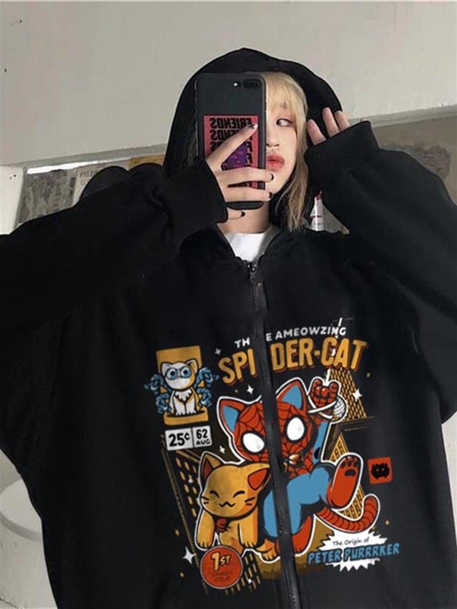 Spider-Cat Baskılı Oversize Fermuarlı Siyah Unisex Kapüşonlu Hırka