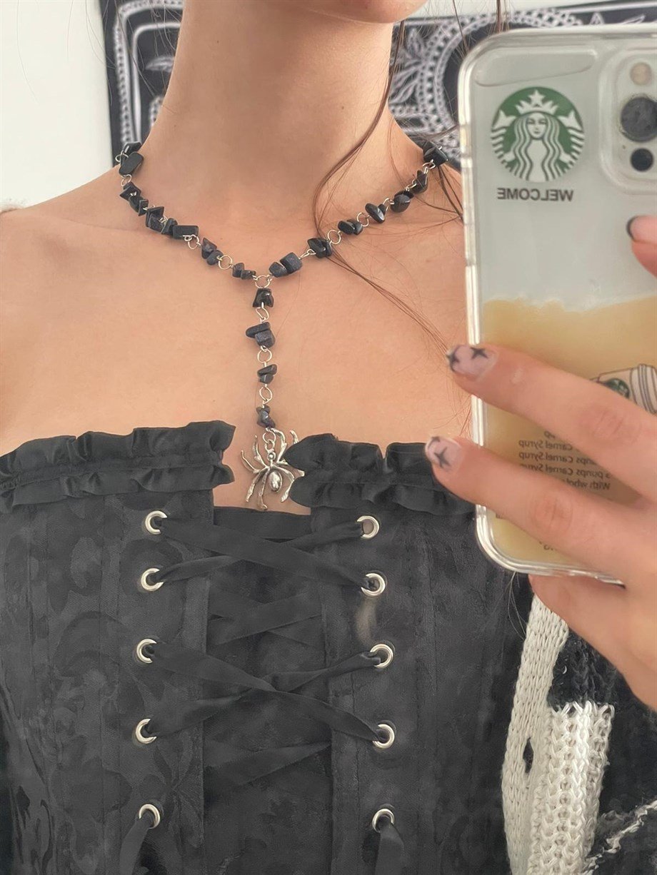 Spider Doğal Taşlı Rosary Grunge Kolye I Handmade
