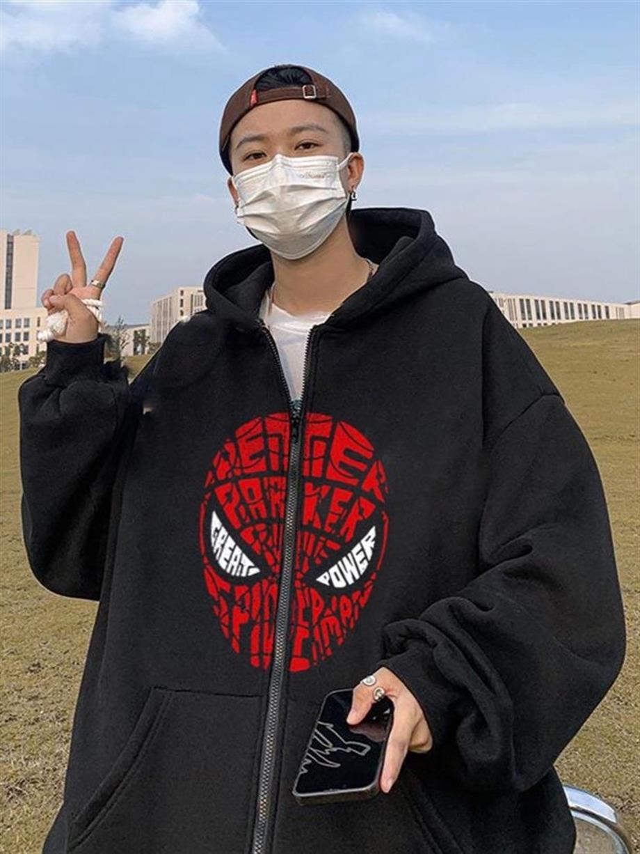Spider Face Baskılı Oversize Fermuarlı Siyah Unisex Kapüşonlu Hırka