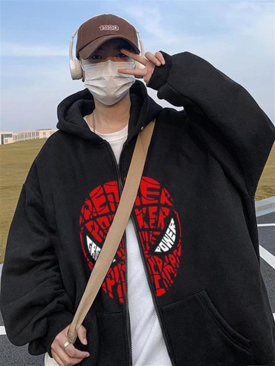 Spider Face Baskılı Oversize Fermuarlı Siyah Unisex Kapüşonlu Hırka