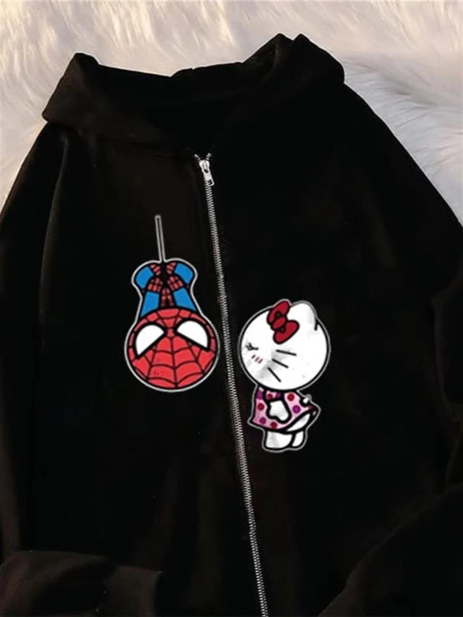 Spider Kitty Baskılı Oversize Fermuarlı Siyah Unisex Kapüşonlu Hırka
