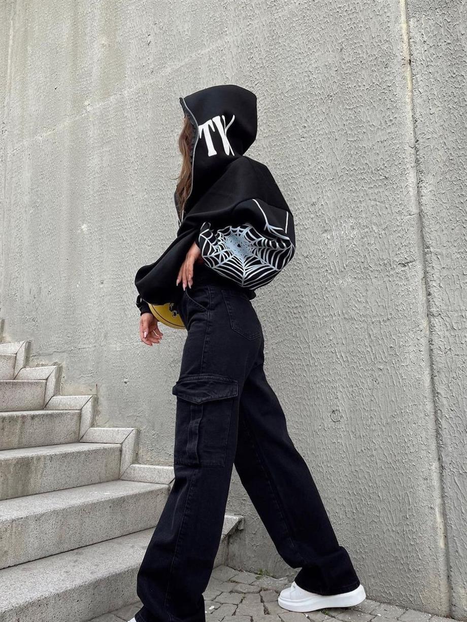Spider Web Full Zip Siyah Oversize Hoodie