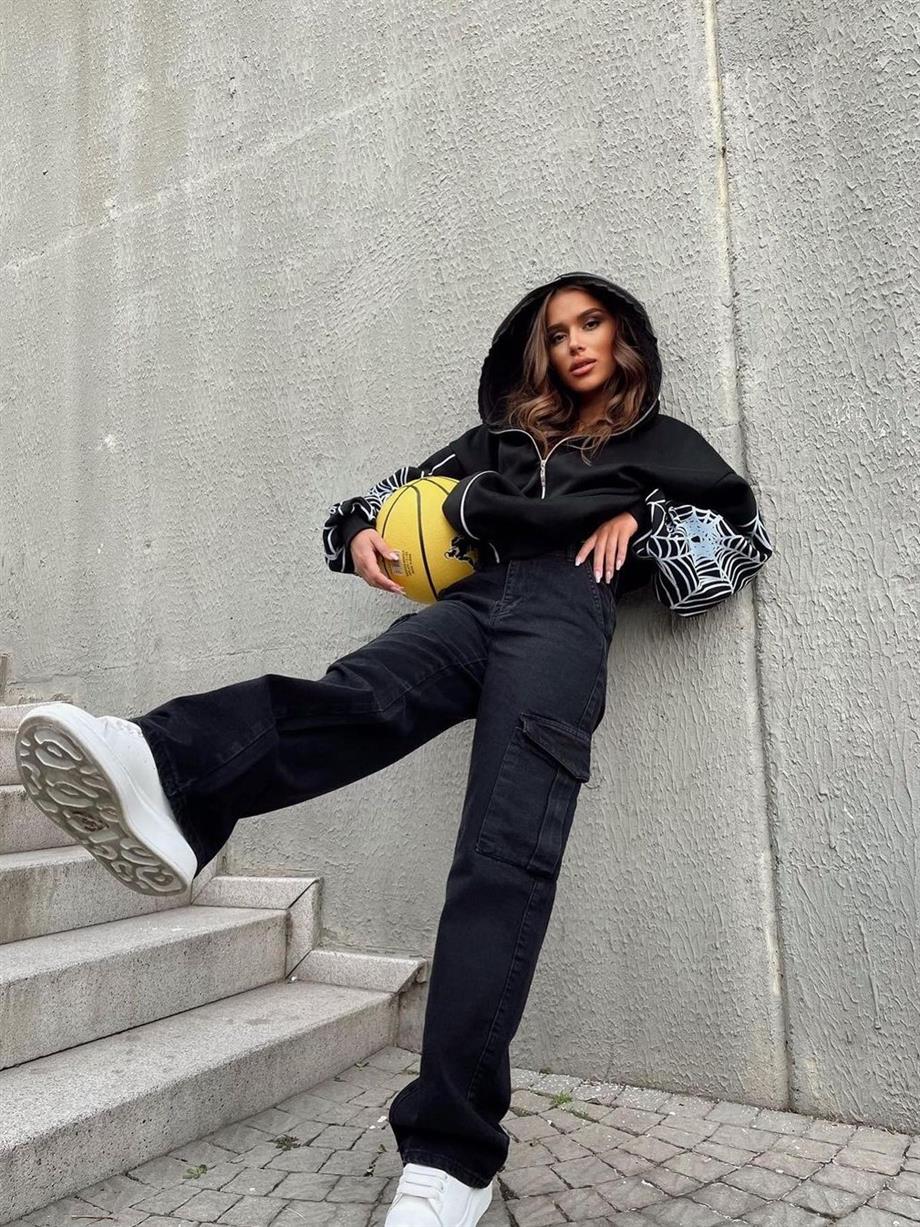 Spider Web Full Zip Siyah Oversize Hoodie