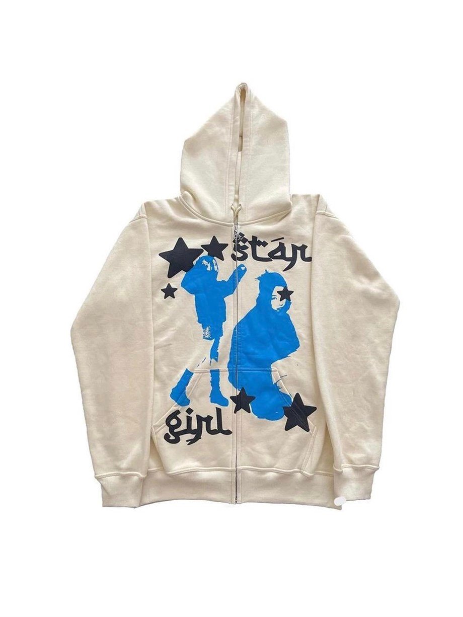Star Girl Fermuarlı Beyaz (Unisex) Kapşonlu